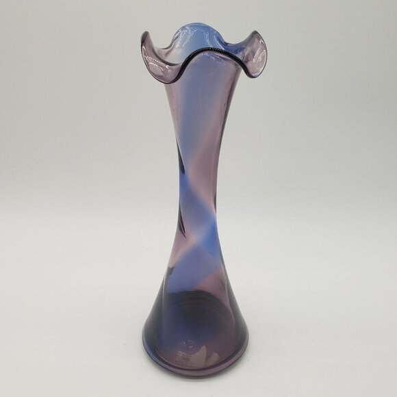 Blue Amethyst Swirl Ruffled Top Art Glass Bud Vase - Picture 10 of 12